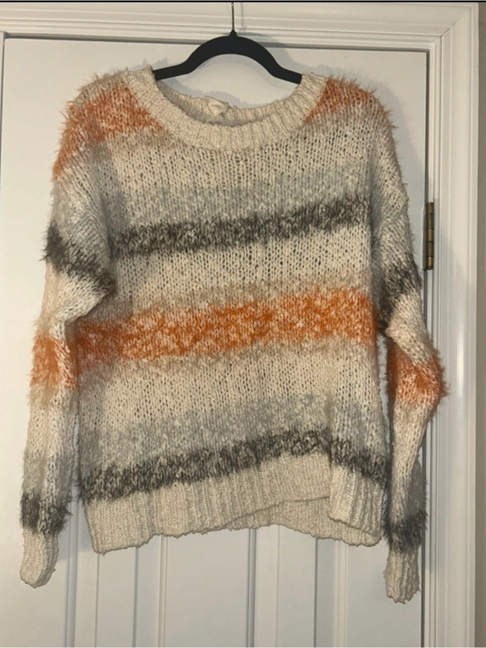Meadow Rue Fuzzy Striped Crewneck Sweater in Cream, Orange & Gray